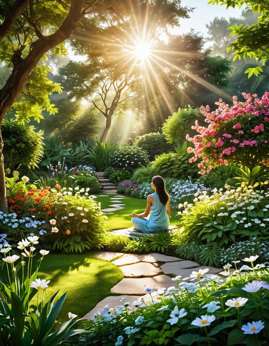 A serene landscape with a sunrise illuminating a peaceful garden, symbolizing joy and well-being. Include a figure meditating in the foreground, surrounded by blooming flowers and lush greenery. Elements like butterflies and soft rays of light enhance the feeling of exuberance. The overall scene should evoke tranquility and happiness. vibrant colors. super-realistic.