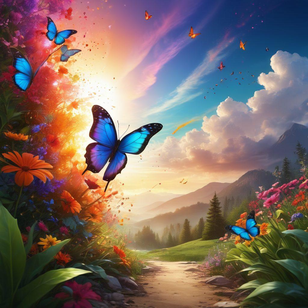 A vibrant scene depicting an individual radiating positive energy, surrounded by colorful bursts of light and abstract shapes symbolizing euphoria. The background features a serene nature setting, with lush greenery and a bright sky that enhances the sense of well-being. Add uplifting elements like butterflies and flowers swirling around, all in a harmonious blend of colors. super-realistic. vibrant colors. 3D.