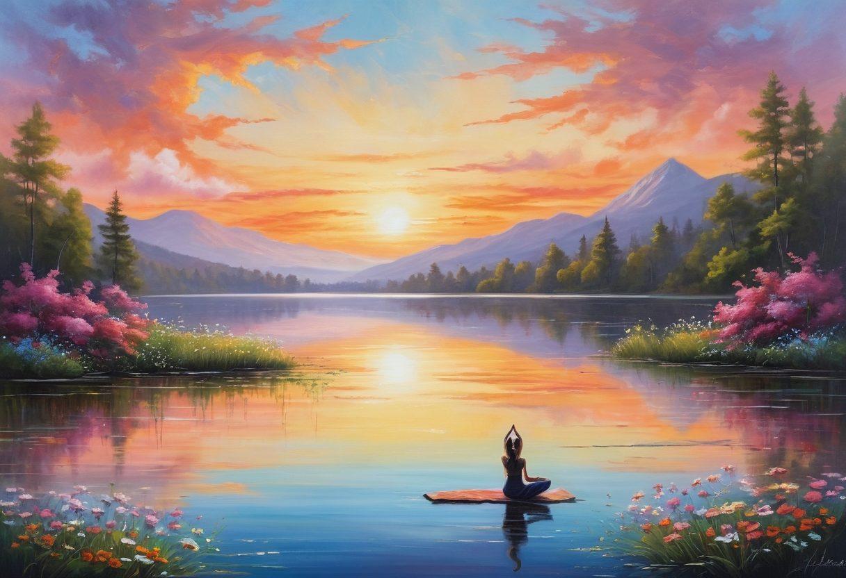 A serene landscape depicting a sunrise over a tranquil lake, with blooming flowers in the foreground symbolizing joy and contentment. In the sky, soft wisps of clouds form the words 'Elevate Your Spirit' in elegant script, while a silhouette of a person practicing yoga on the shore embodies inner peace. The overall ambiance radiates warmth and positivity, inviting viewers to connect with the theme of joy. painting. vibrant colors. peaceful atmosphere.